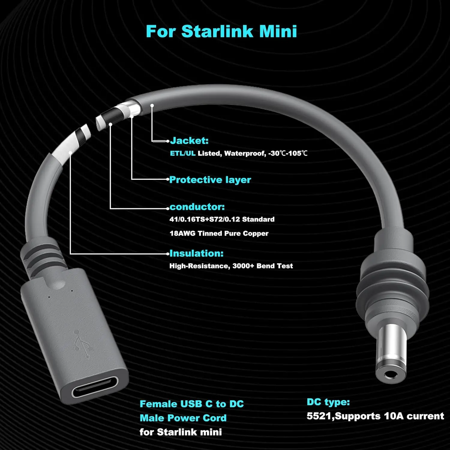 USB-C メス - DC オス ショート電源ケーブル アダプター Starlink Mini 用 20V/100W Type-C PD 電源プラグアンドプレイと互換性あり