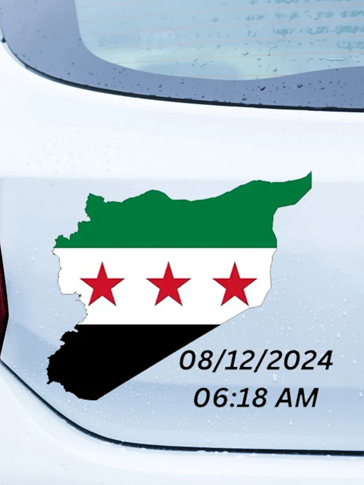 CS30506# Car Sticker for Flag Map of Syria and Date Number 06:18 AM, 08/12/2024 Vinyl Decal for Car Bumper, Door or Window