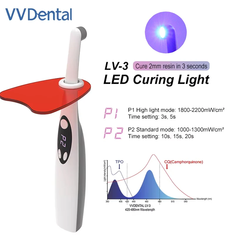 Lampada Polimerizzatrice LED Senza Fili VVDental 3S, 1000-2200mW/cm², 2 Modalità, Ricaricabile, Attrezzatura Dentale per Fotopolimerizzazione