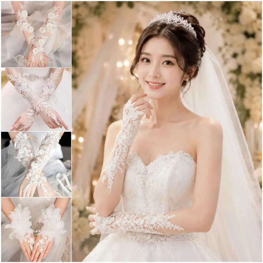 Creative Lace Wedding Gloves Floral Pattern Photo Pros Fingerless Gloves Versatile Crystal Long Gloves Women’s Wedding