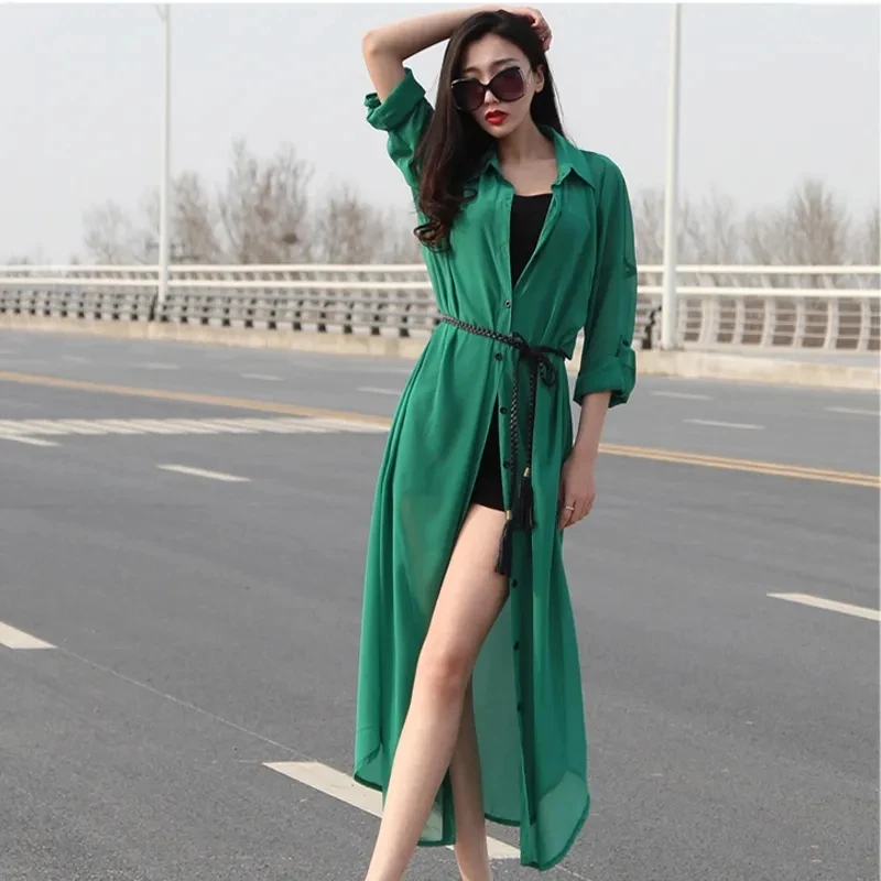 New Summer X-Long Chiffon Shirt Women\'s Beach Sun Protection Clothing Shawl Beach Sun Protection Outer Thin Cardigan Female Tops