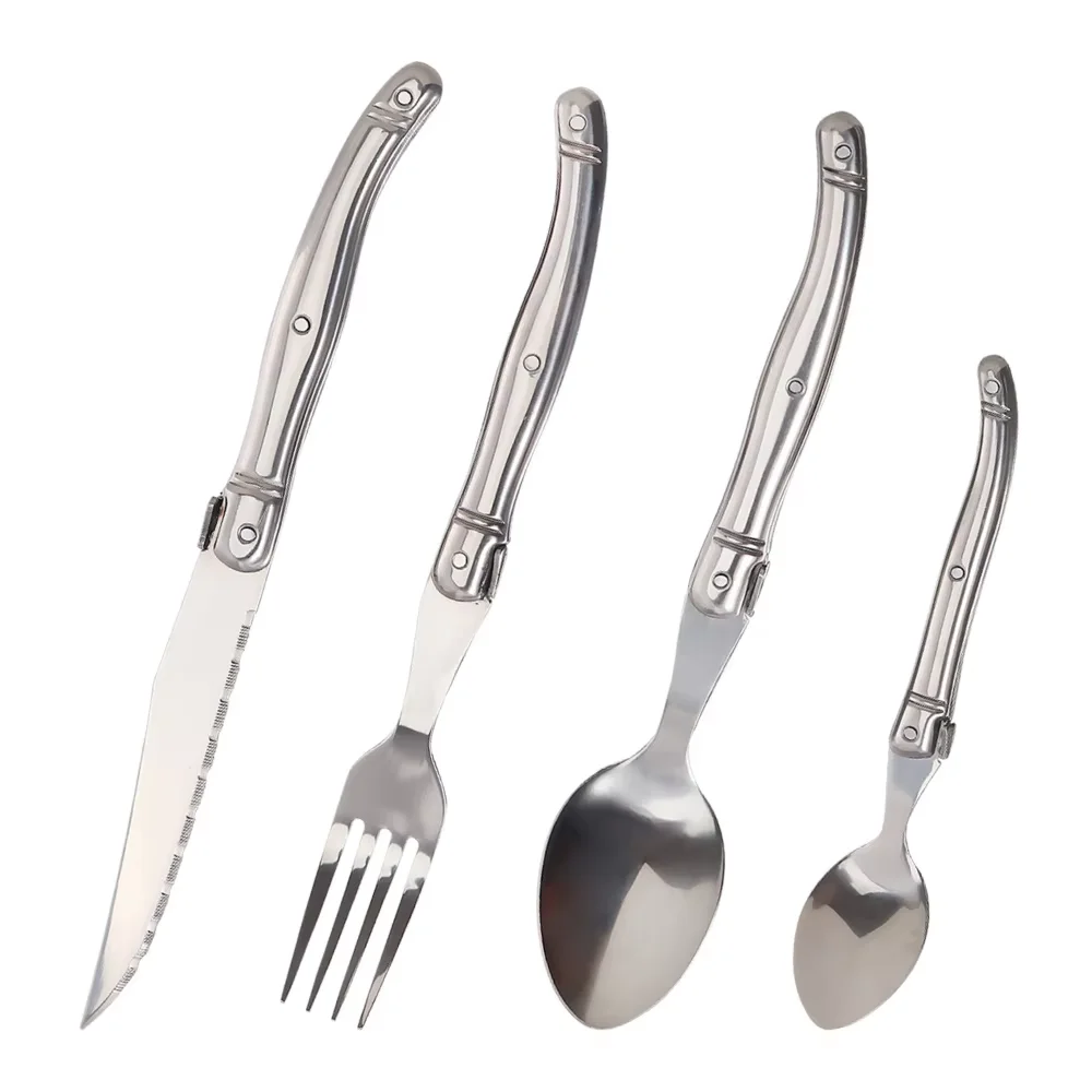 Jaswehome 4Pcs Laguiole Western Dinner Cutlery Set Full Metal Handle Stainless Steel Steak Knife Fork Spoons Kitchen Dinnerware