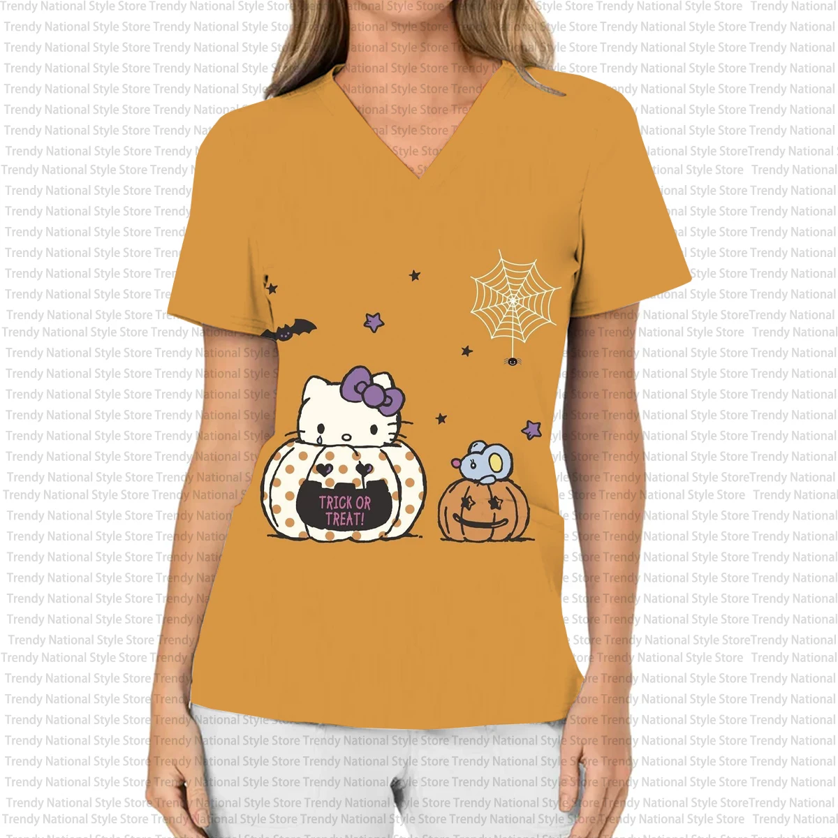 New Summer Scrub Top Halloween Hello Kitty Print Women's V-Neck Short-Sleeved T-Shirt Hospital Dental Pet Shop Nursing Uniform