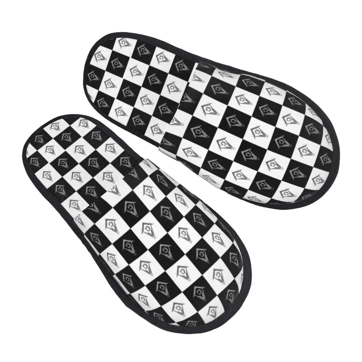 

Custom Freemason Checkered Black And White Pattern Soft Memory Foam House Slippers Masonic Mason Cozy Anti-skid Sole Slipper