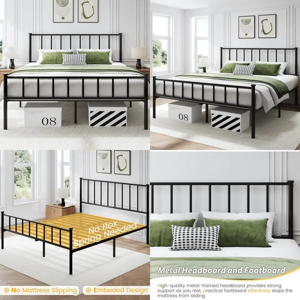Metal Queen Bed Frame with Headboard, Footboard, Slat Support, Underbed Storage, No Box Spring Needed