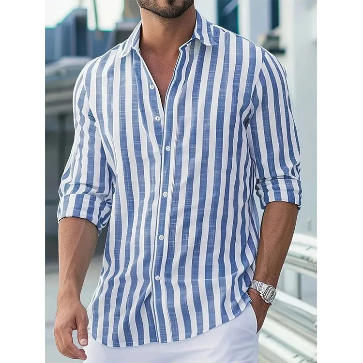 

2026 New Fashion Men's Long Sleeve Striped Lapel Shirt Spring and Autumn Shirt