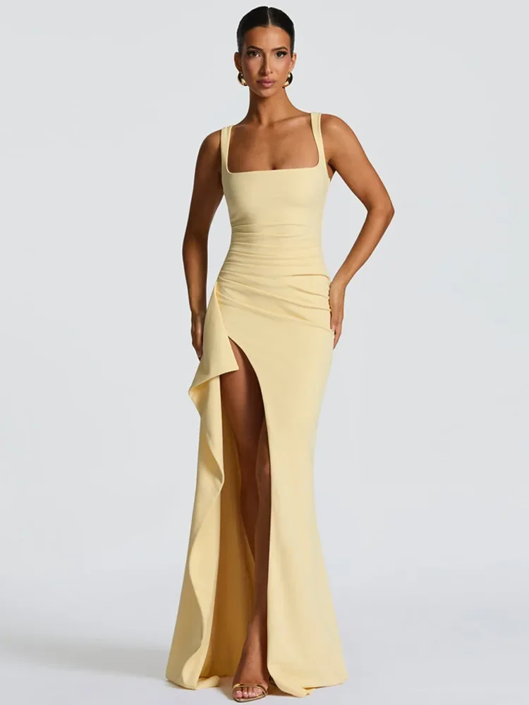 Elegant Spaghetti Strap Sexy Maxi Dress Women Gown Fashion Sleeveless Backless Thigh High Split Draped Club Long Dress