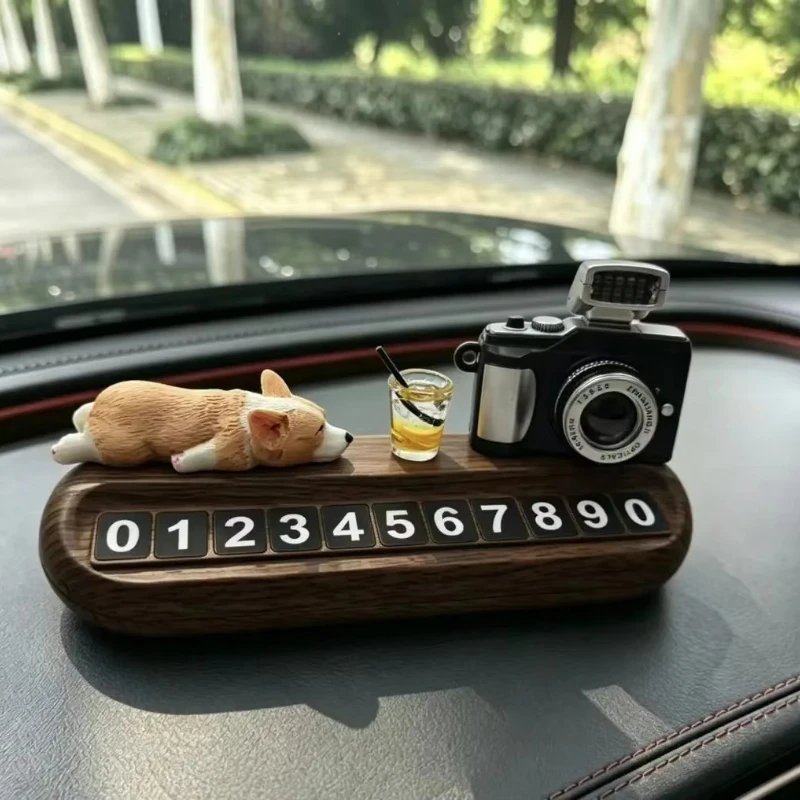 1pc  Cute Corgi Parking Sign, Wood Grain Car Dashboard Number Plate, Temporary Phone Number Holder, Auto Interior Decor Gift
