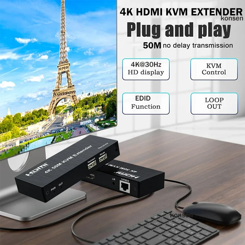 4K 30Hz HDMI KVM Extender over Single Rj45 Cat6 Cable 50M HDMI USB Ethernet Extender for PC DVR Support Mouse Keyboard Control