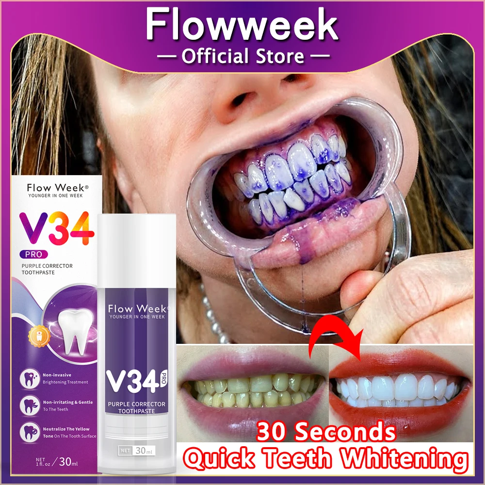 

FlowWeek V34 Teeth Whitening Purple Toothpaste Teeth Whitening and Bleaching Teeth Removes Smoke Stains and Coffee Stains