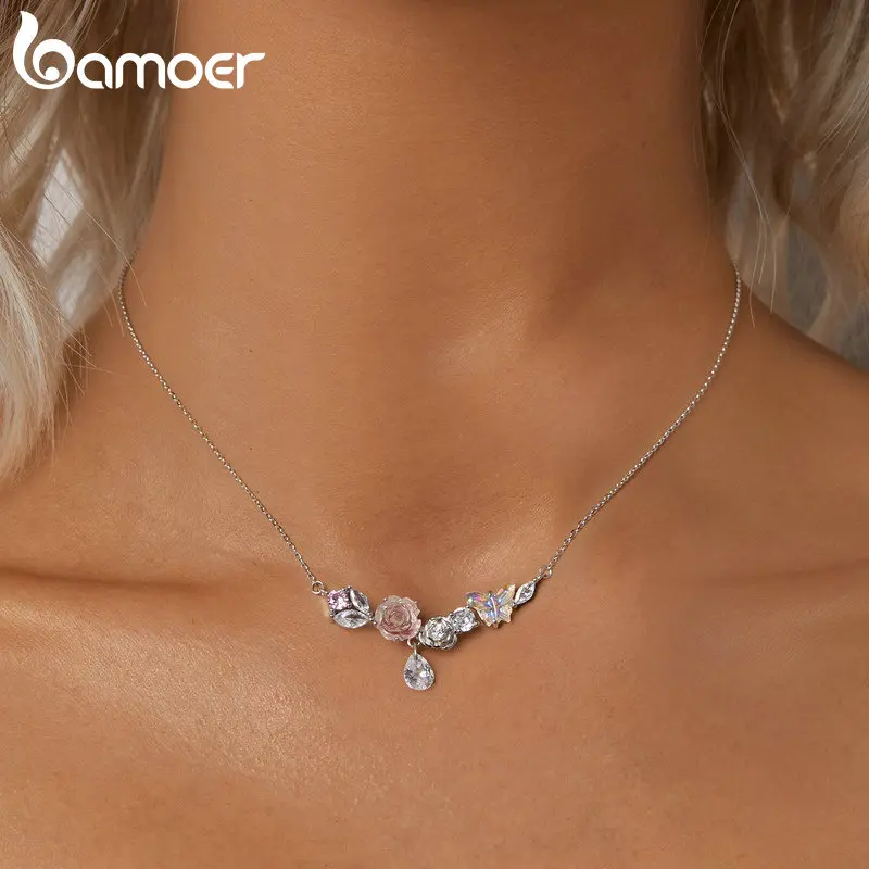 Bamoer 925 Sterling Silver Romantic Flower Necklace Fantasy Butterfly Neck Chain for Women  Valentine\'s Day Fine Jewelry Gift