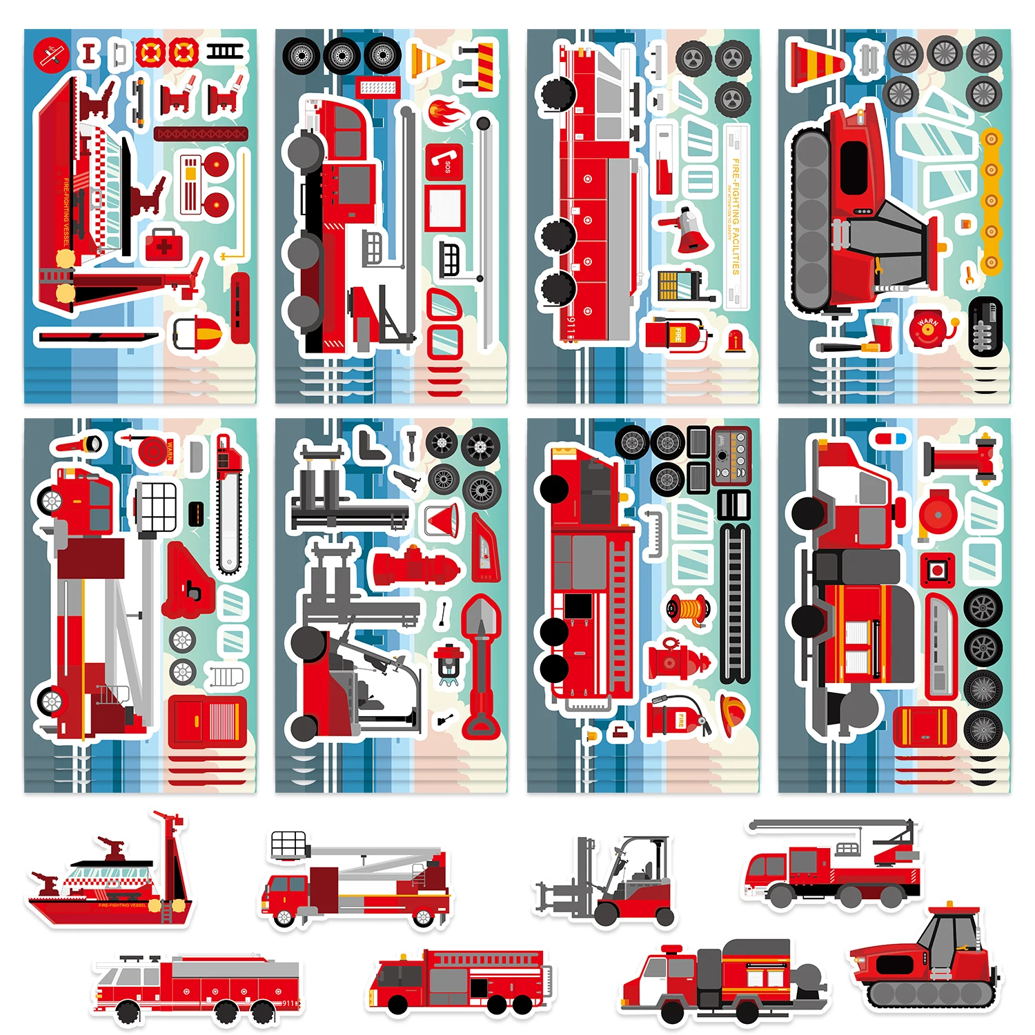 8-Piece Fire Engineering Rescue Vehicle Decal Set Waterproof Stickers for Notebooks, Mobile Phones and Luggage