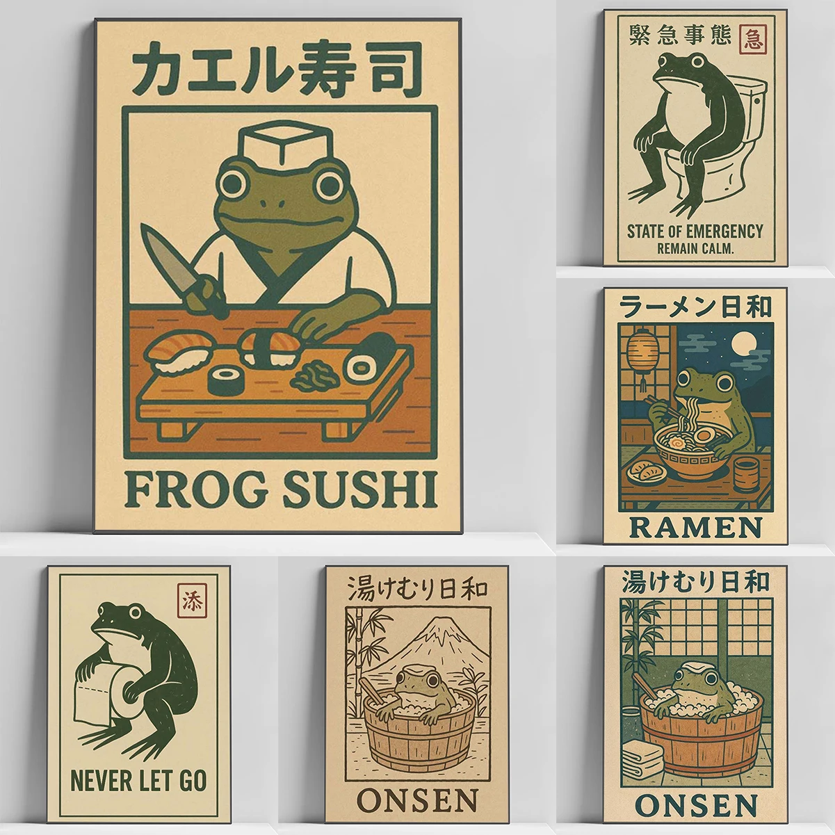 

Retro Japanese Funny Frog in A Bathtub Sushi Kitchen Woodblock Animals Poster Posters on the Wall Painting Canvas Home Decor