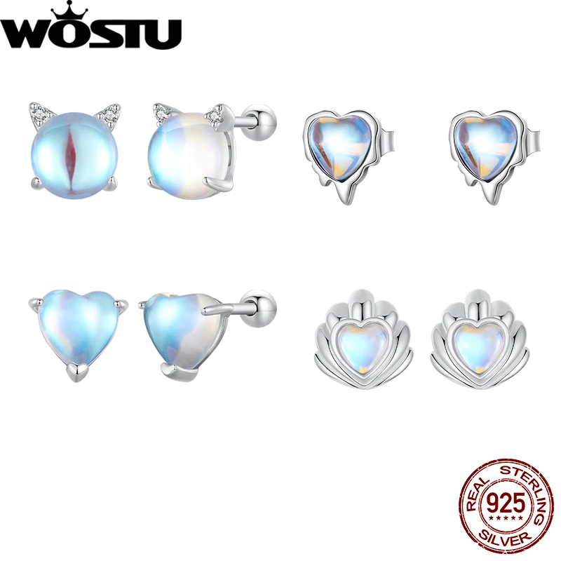 

WOSTU 925 Sterling Silver Heart-shaped Moonstone Earrings Fox Seashell Stud Earrings for Women Fine Jewelry Party Daily Gift