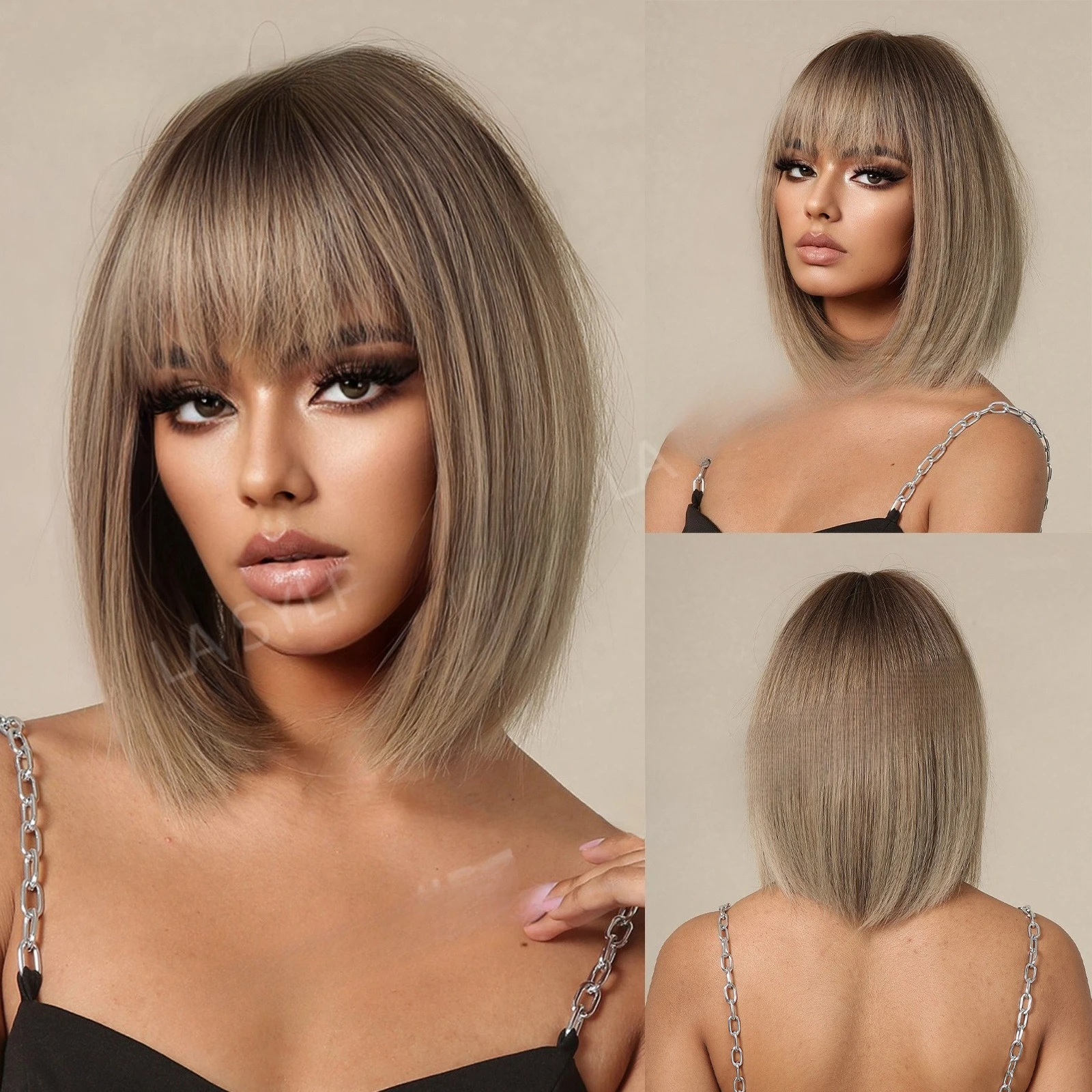 

Brown gradual change Qi bangs medium long straight hair short wig European and American wig shoulder wig mechanism rose net