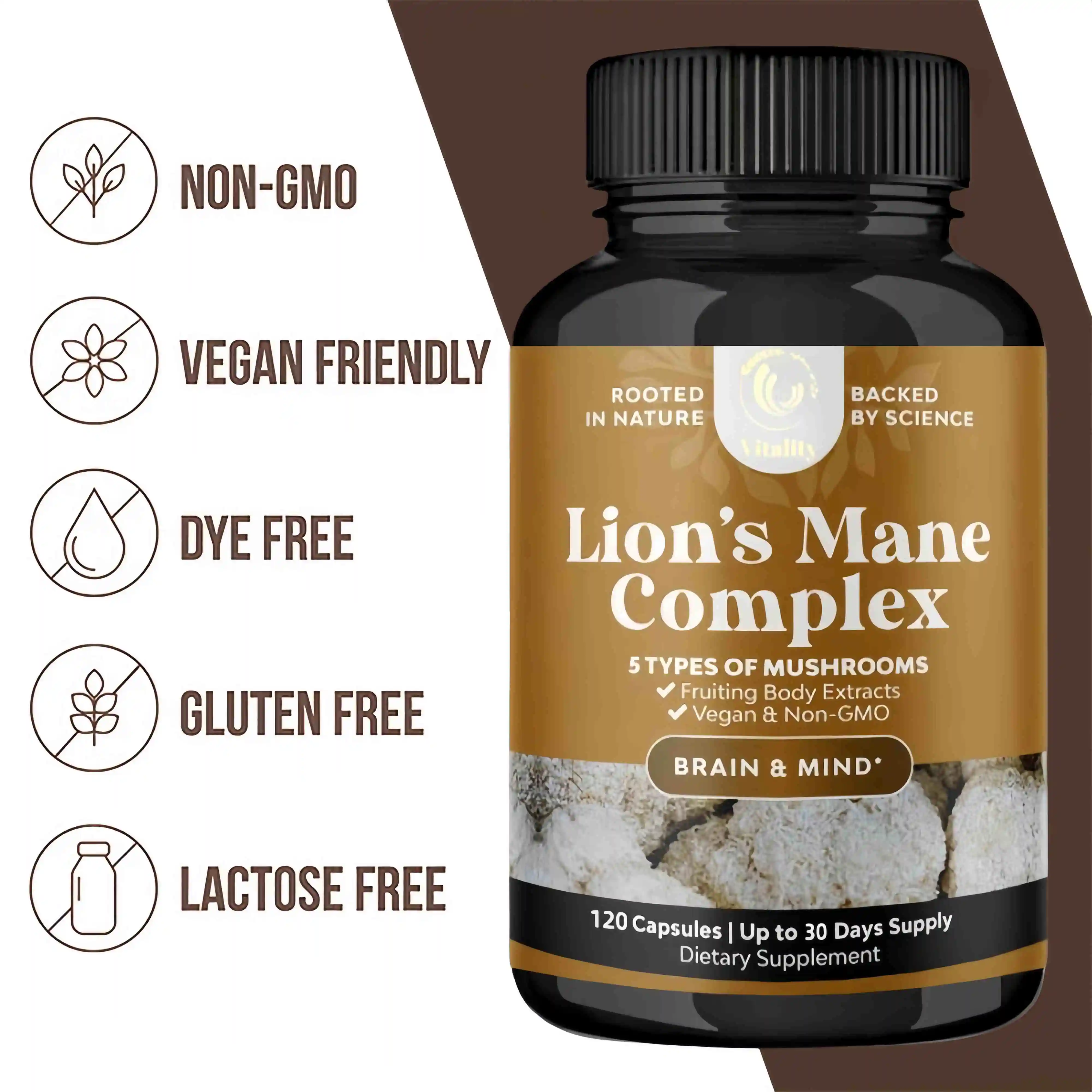 Mushroom Complex Capsules with Lions Mane Chaga Cognitive Brain Function Stress Relieves Beauty Health Diet Supplement