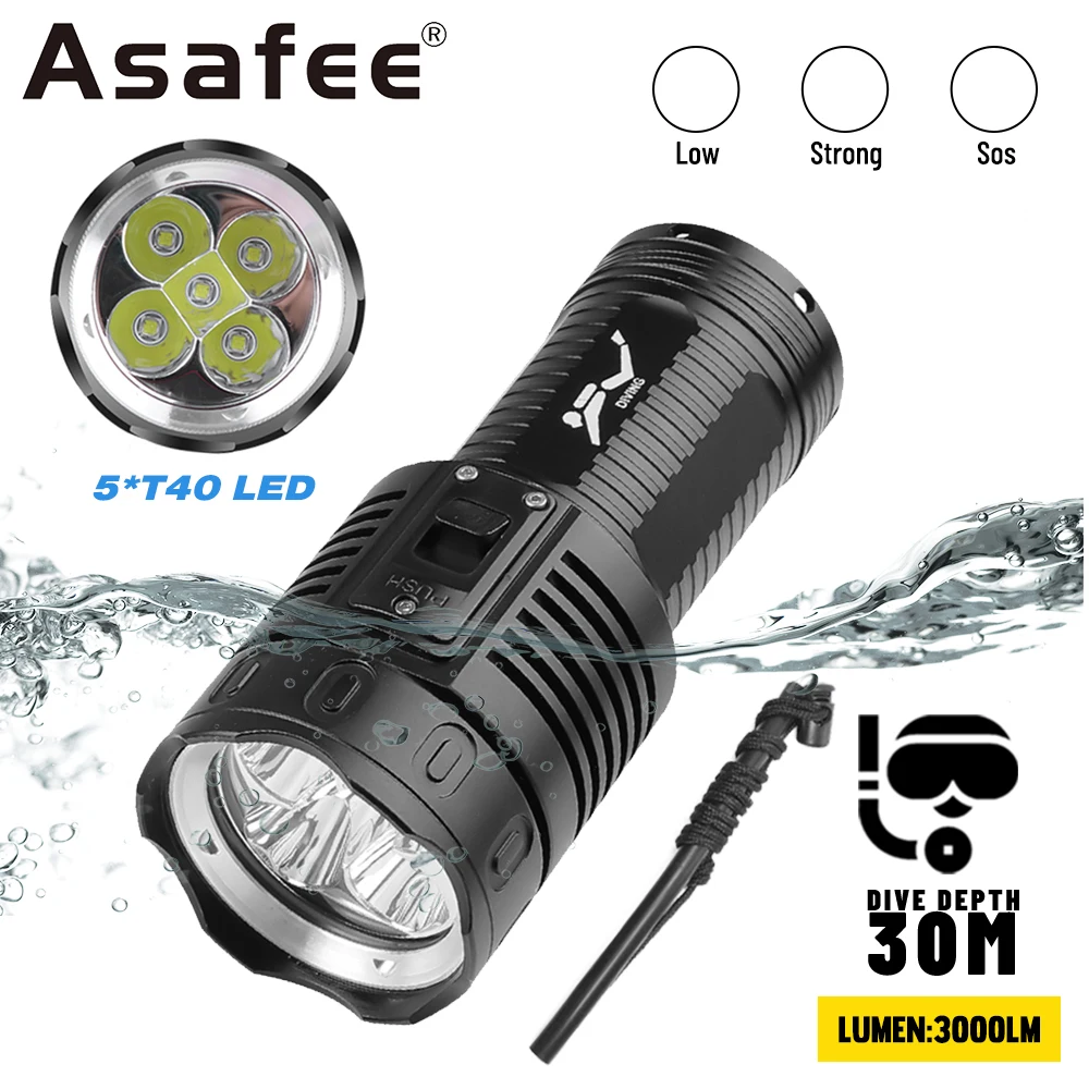 Asafee 30M Underwater 5*T40 LED 3000LM Diving Flashlight 200M Range Torch IPX8 Waterproof Scuba Lantern Magnetic Switch