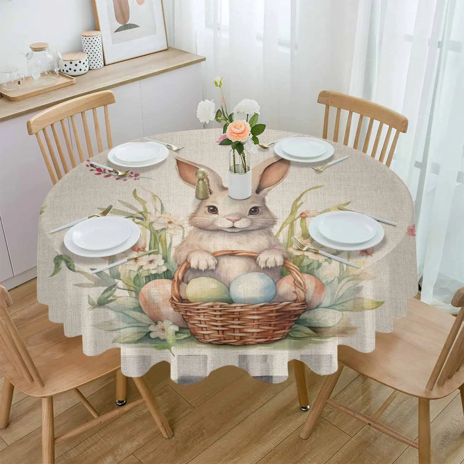 Easter Rabbit Watercolor Plaid Pattern Waterproof Tablecloth Table Decoration Wedding Home Kitchen Dining Room Round Table