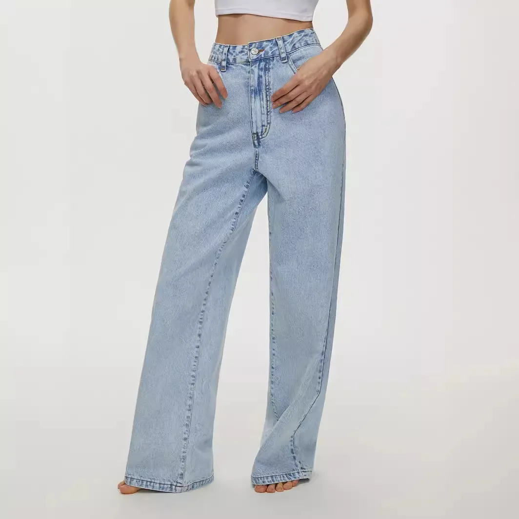 Calça reta lavada vintage feminina, jeans solto, calça até o tornozelo, bolsos, cintura alta, mosca com zíper, básico casual