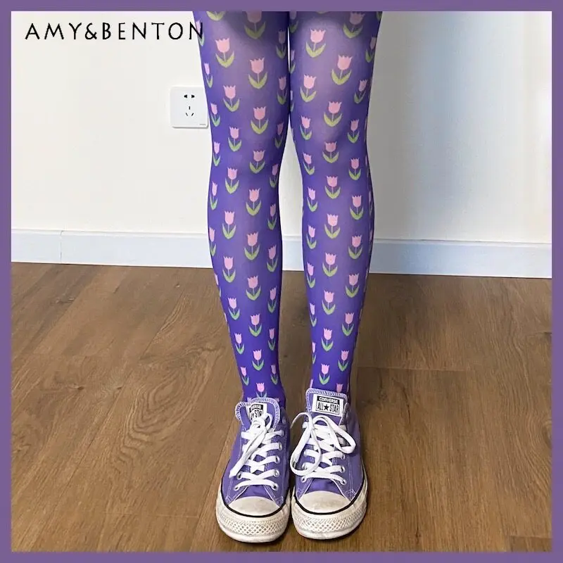 

Original Design Purple Sweet Cute Women's Tights 2026 Spring Summer Elastic Fashion Personalized Animal Print Pantyhose Ladies