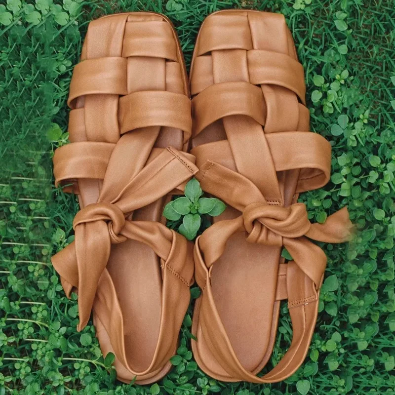 

Brown Braided Square-Toed Flats Retro Versatile Roman Sandals Soft Leather Buckled Women Shoes Sandalias Mujer Verano