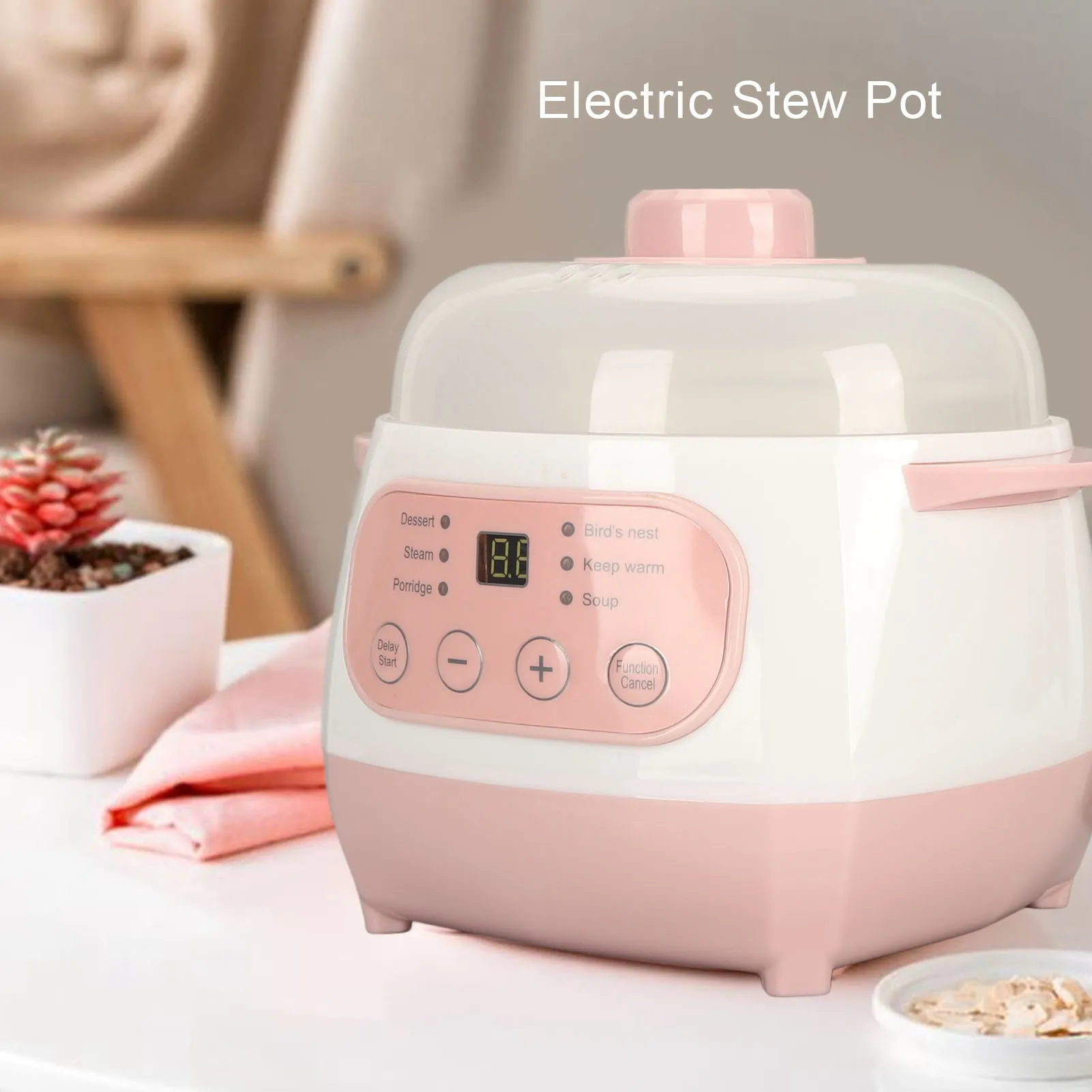 Electric Stew Pot 1L 200W Anti Dry Burn Safe Intelligent Electric Ceramic Cooker for Porridge Rice Soup