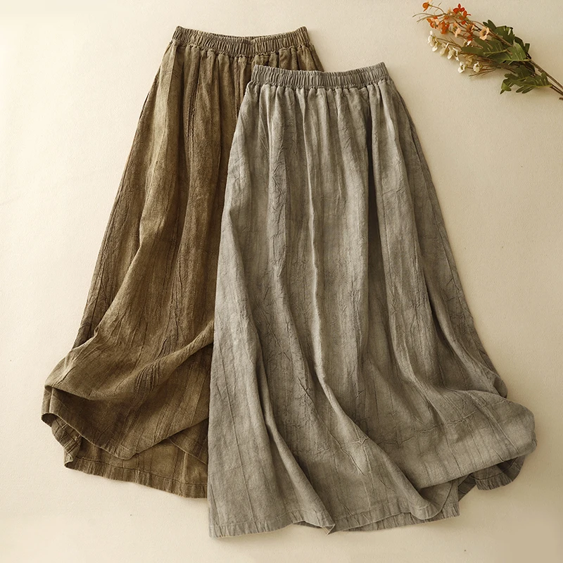 Summer 2026 New Loose A-Line Midi Skirt Women's Ombre Vintage All-Match Artistic Elastic Waist Long Skirt Ladies' Skirts