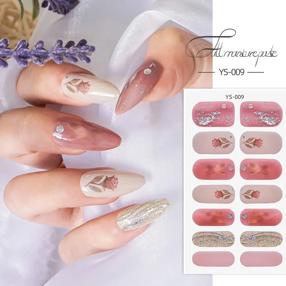14 Strips Semi Cured Gel Nail Stickers Full Cover French Nail Art Gel Full Nail Wraps Glittering Nail Art Stickers