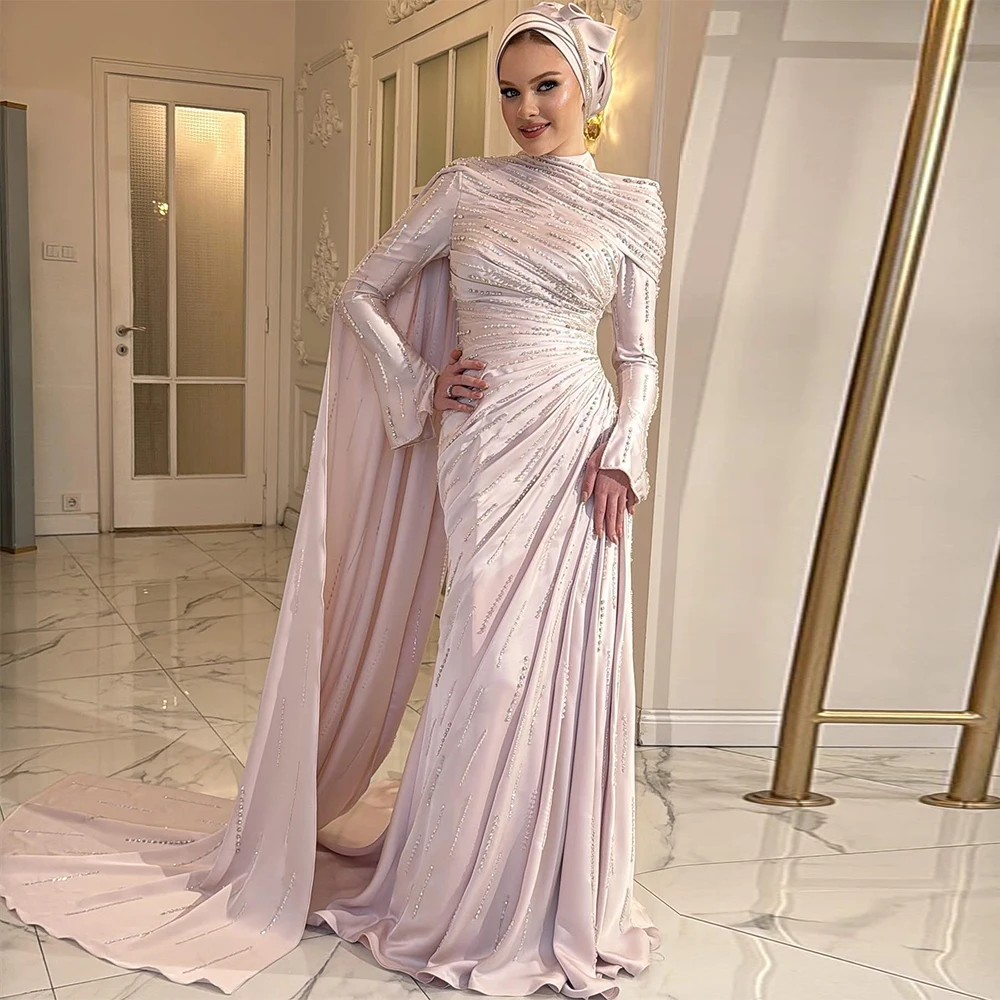 

Скромное вечернее платье по индивидуальному заказу с высоким воротом и бисером, жемчугом, плиссированным шлейфом, вечернее платье русалки فستان سهرة نسائي