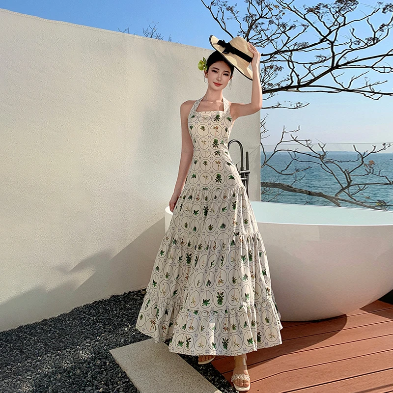 Sleeveless Halter Printed Dress Women Summer Seaside Vacation Backless Long Dresses