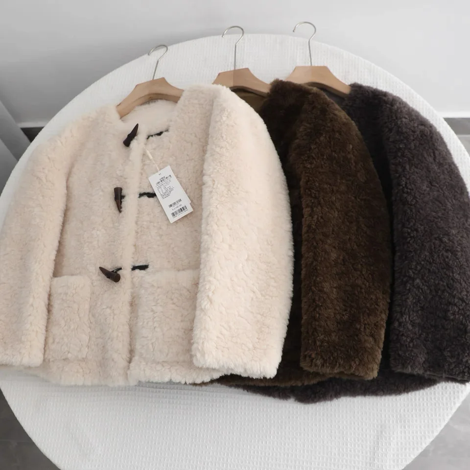 Retro Style Women's Jacket Lamb Fur Coat Button up Warm Particle Fleece Long Sleeve round Neck Loose Fit Autumn Winter New
