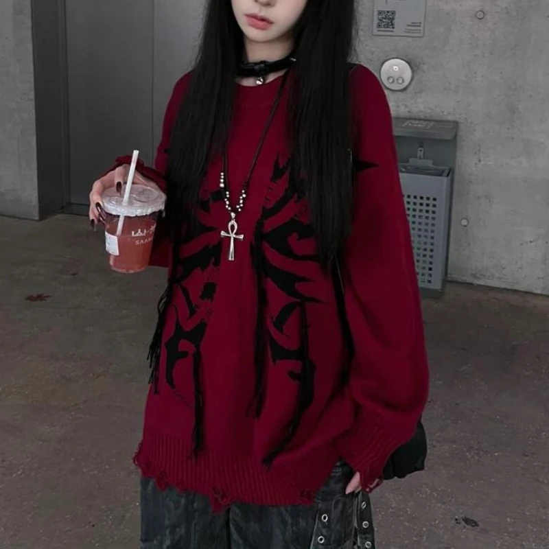 

New Autumn Winter American Vintage Pullover Sweater Women Design Round Neck Knit Sweater Y2k Tops Harajuku Fashion Loose Outfits
