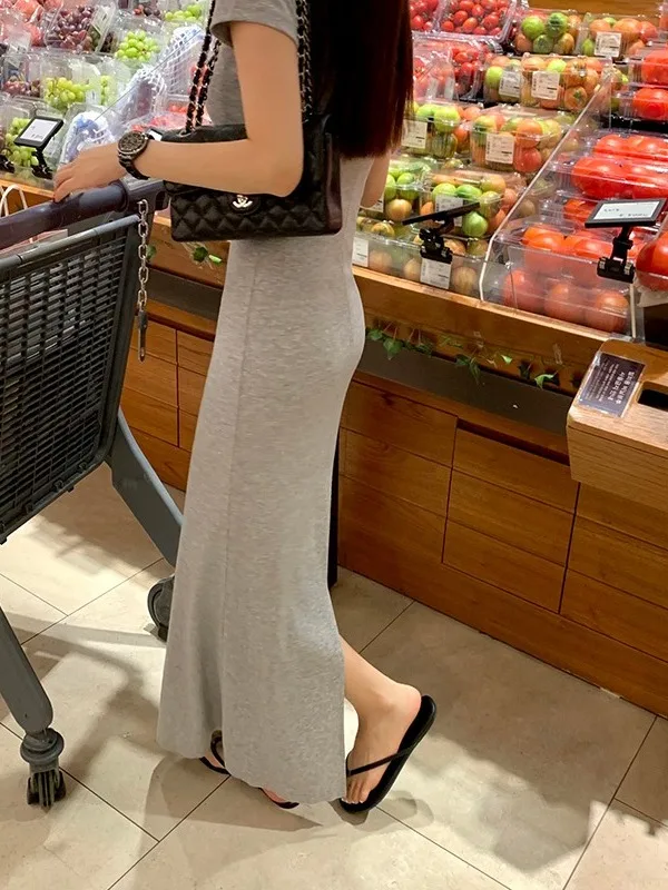 T-shirt coupe cintrée Dr femme Chic rond Ne Ba taille fendue cintrée Sexy moulante longue Dr tendance coton ort Sve