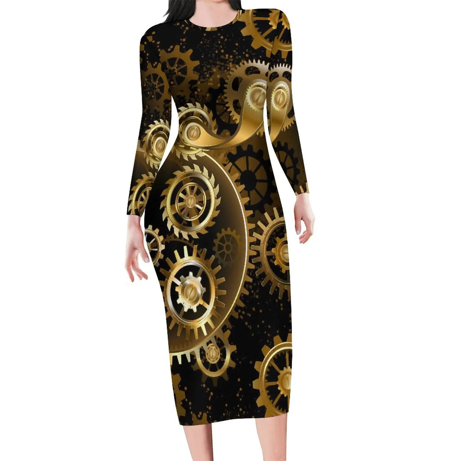 Golden Steampunk Dress Long Sleeve Brass Gears Print Pretty Dresses Spring Female Street Fashion Custom Bodycon Dress Big Size