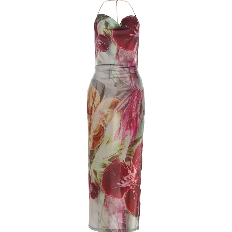 Kliou kwiatowy Print kobiety sukienka wakacje styl plażowy zawieszka Backless Halter Split cienkie Vestidos kobiecy Trend atrakcyjne ubranie — zdjęcie 2