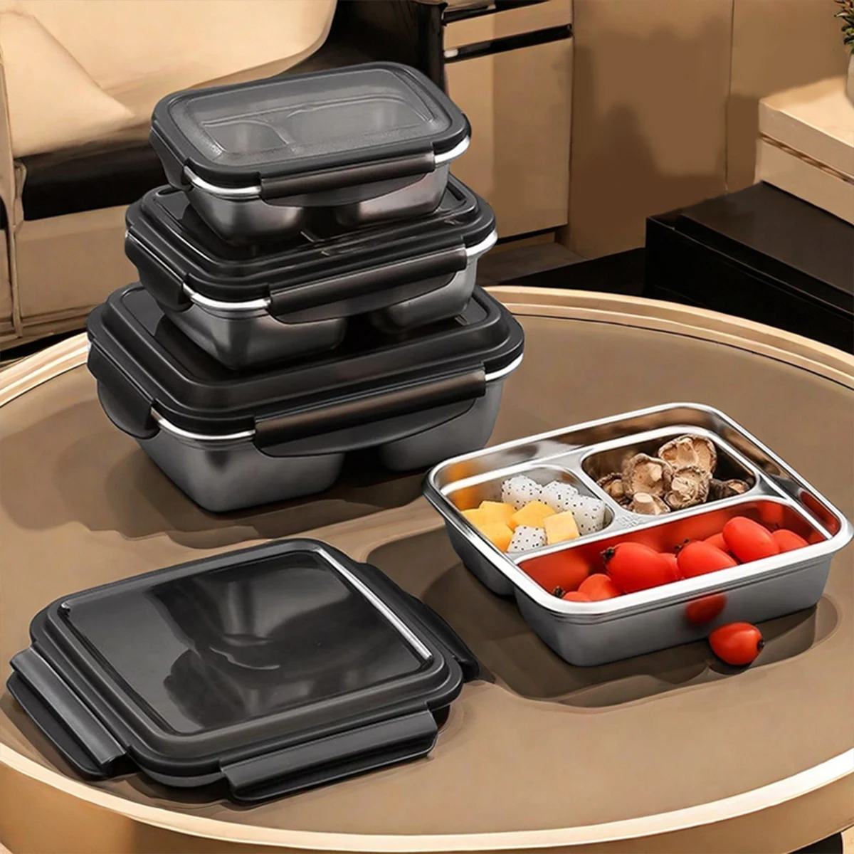 Caja Bento de acero inoxidable 304 con tapa, fiambrera dividida a prueba de fugas para niños y estudiantes, contenedor de alimentos de gran capacidad, 2/3 rejillas