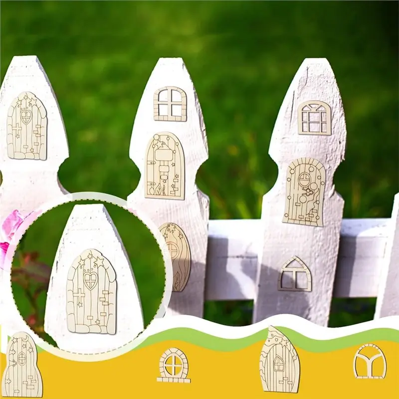 DTA4 DIY Fairy House Kit - 64 Pcs Fairy Door & Mini Wooden Garden Doors, Unpainted Miniature Blank Window, Unfinished for Craft