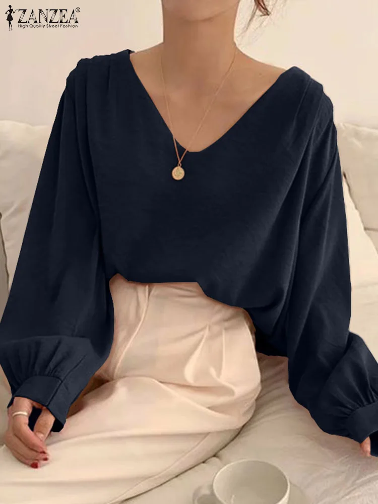 ZANZEA Casual Loose Women Tops Oversized Korean Blouse Sexy 2024 Spring Long Lantern Sleeve Shirt Fashion V-Neck Blusas Tunic