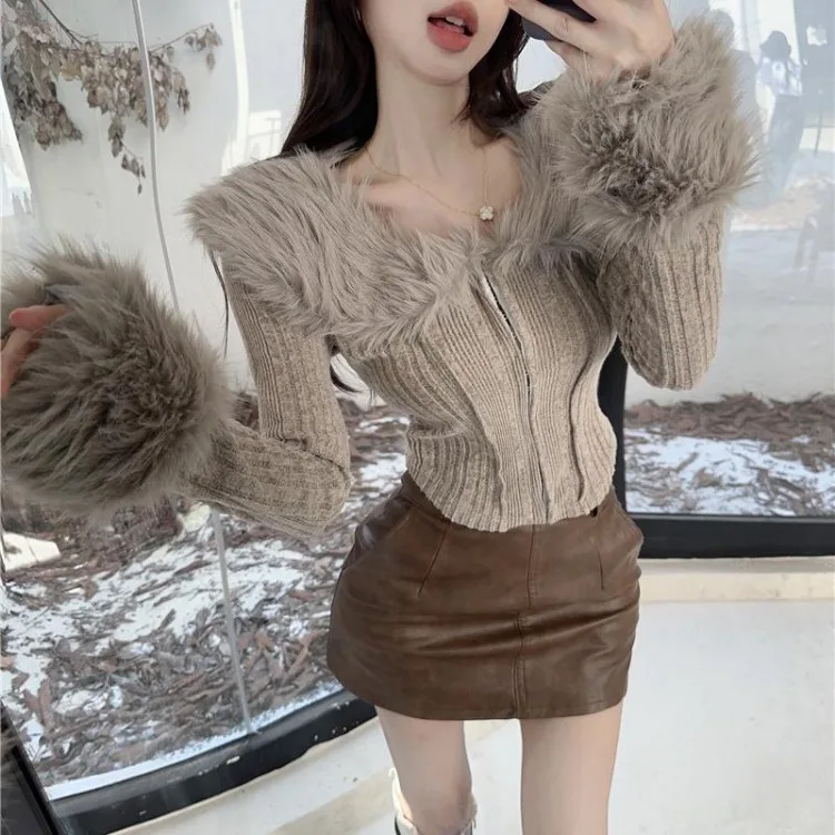Wiosna Jesień Nowy Futrzany Kołnierz Kardigan Płaszcz Kobiety Y2k Grunge Slim Fit Zamek błyskawiczny Dzianinowe Topy Mujer Kurtki Casualowe z długim