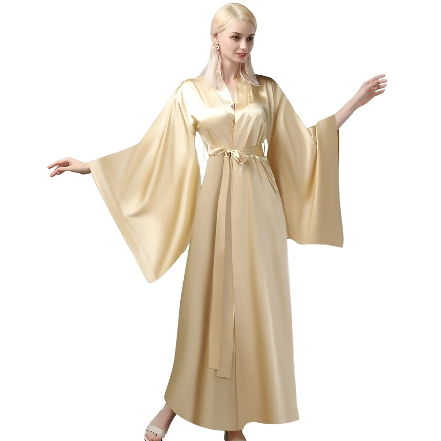 Elegant Elastic Silk Like Satin Bath Robe For Women Gold Side Split Strap High Quality Nightgown Plus Size Same As The Picture