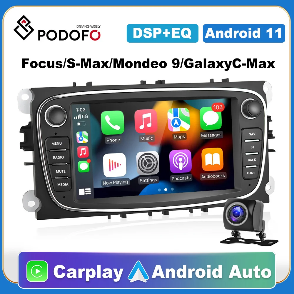 Podofo Car Android CarPlay Radio Multimedia Player For Ford Focus S-Max Galaxy C-Max GPS Navigation Video NO DVD 2din 2 din