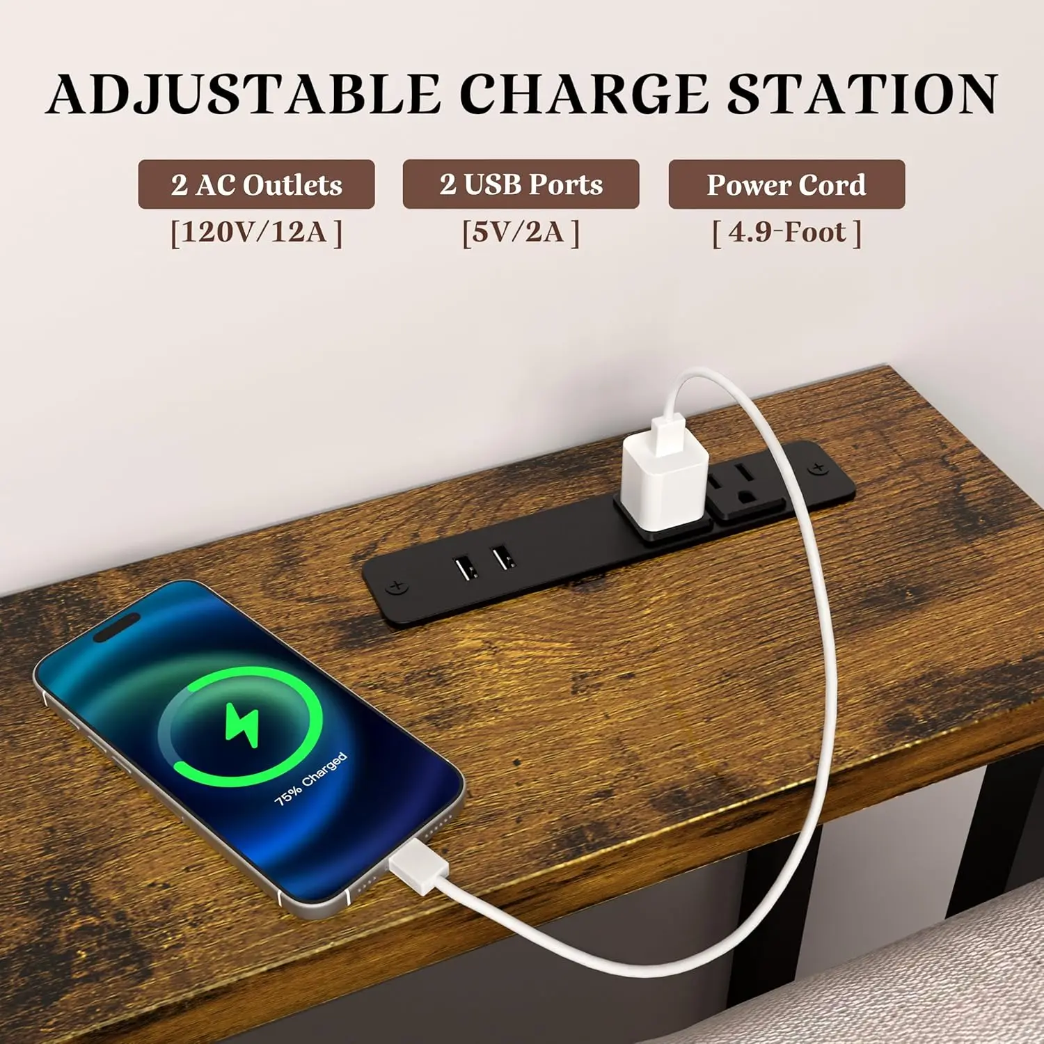 102" Sofa Table with Built-in Power Strip, 4 AC Outlets & 4 USB Ports, Metal Frame, Easy Assembly for Living Room