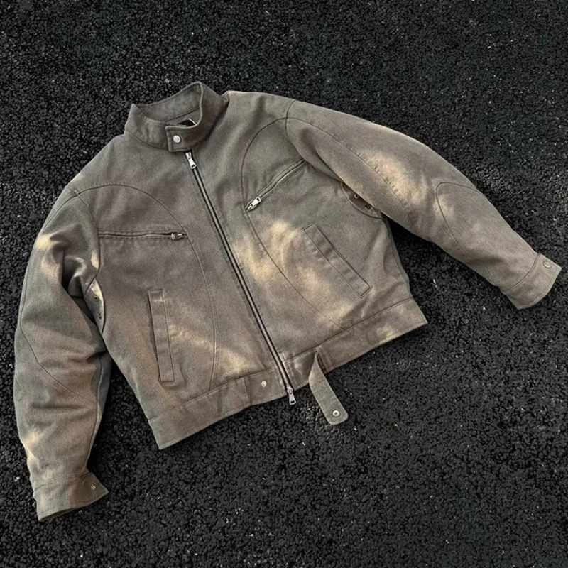 Unisex Denim Jacket 2026 New Men Grey Washed Denim Jacket Short Stand Collar Retro Coat Vintage Bomber Coat Autumn Outerwear