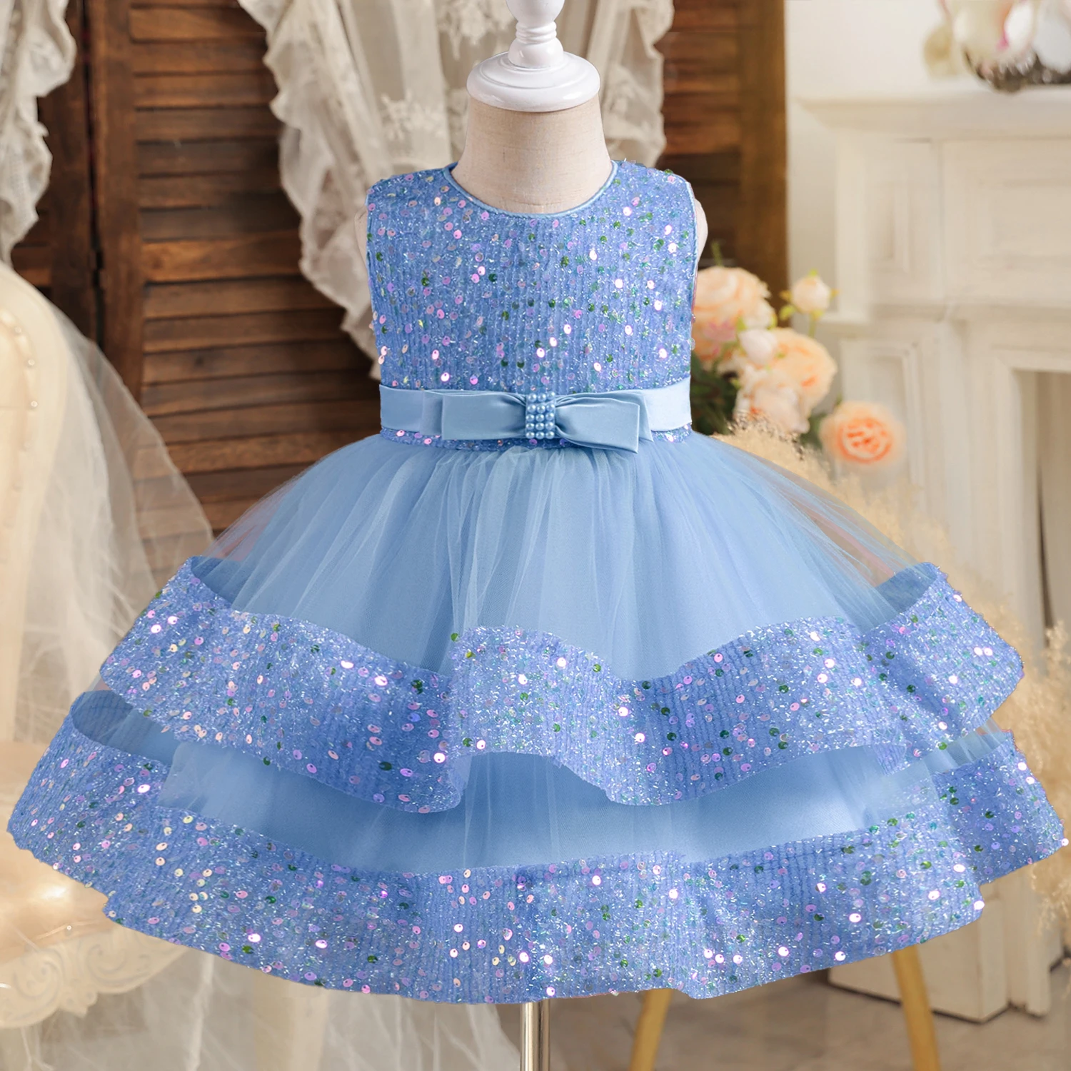 Abiti da bambino per feste di compleanno con paillettes 1 ° battesimo vestito da bambino senza maniche in Tulle vestito da principessa da sposa