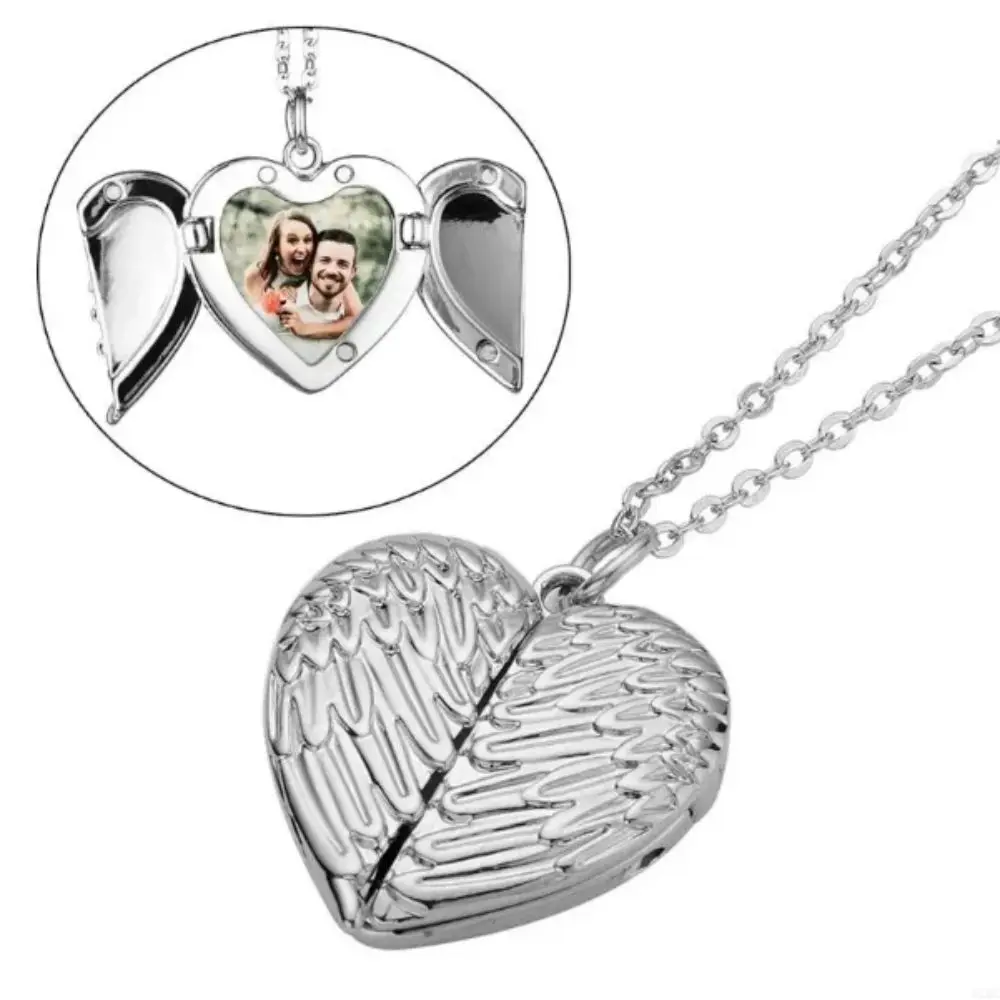 Sublimation Blank Angel Wing Pendant Wing Engraving Gold Color Metal Necklace Timeless Elegance Metal Material Gold Heart Locket