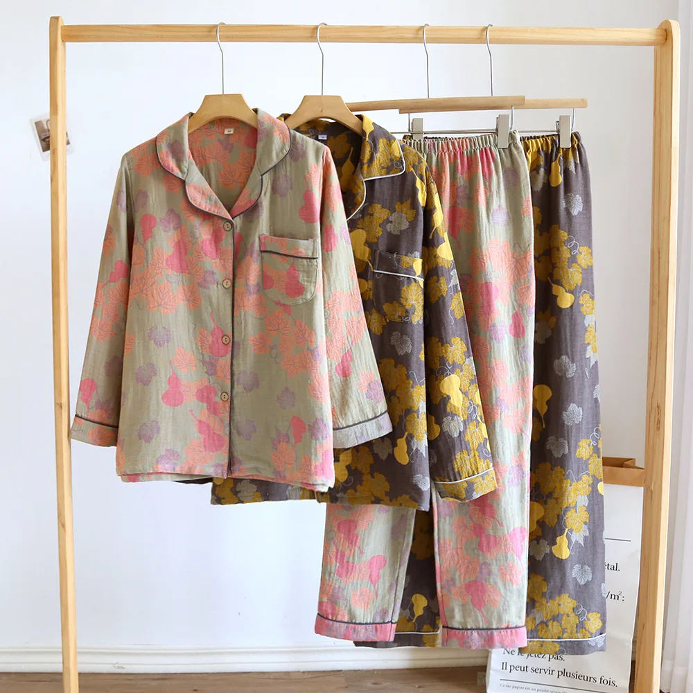 New Yarn-dyed Couple Pajamas Set Loose Casual Cardigan Long-sleeved Two-piece Loungewear Set Cotton Print Sleepwear Home Clothes