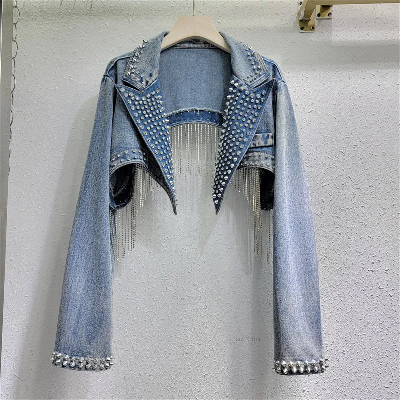 

Heavy Work Rivet Beaded Diamond Tassels High Waist Slim Short Denim Jacket Lapel Long Sleeve Cowboy Cardigan Female Streetwear