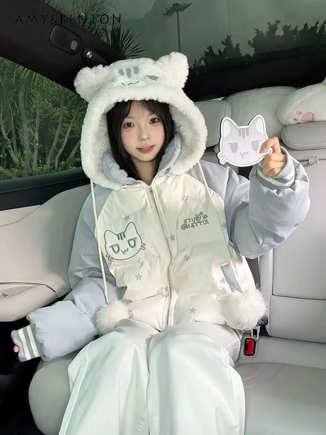 

Winter New Cartoon Style Cute Cat Embroidered Gray Lamb Wool Hooded Cotton Jacket for Women Sweet Casual Blue Cotton Jacket