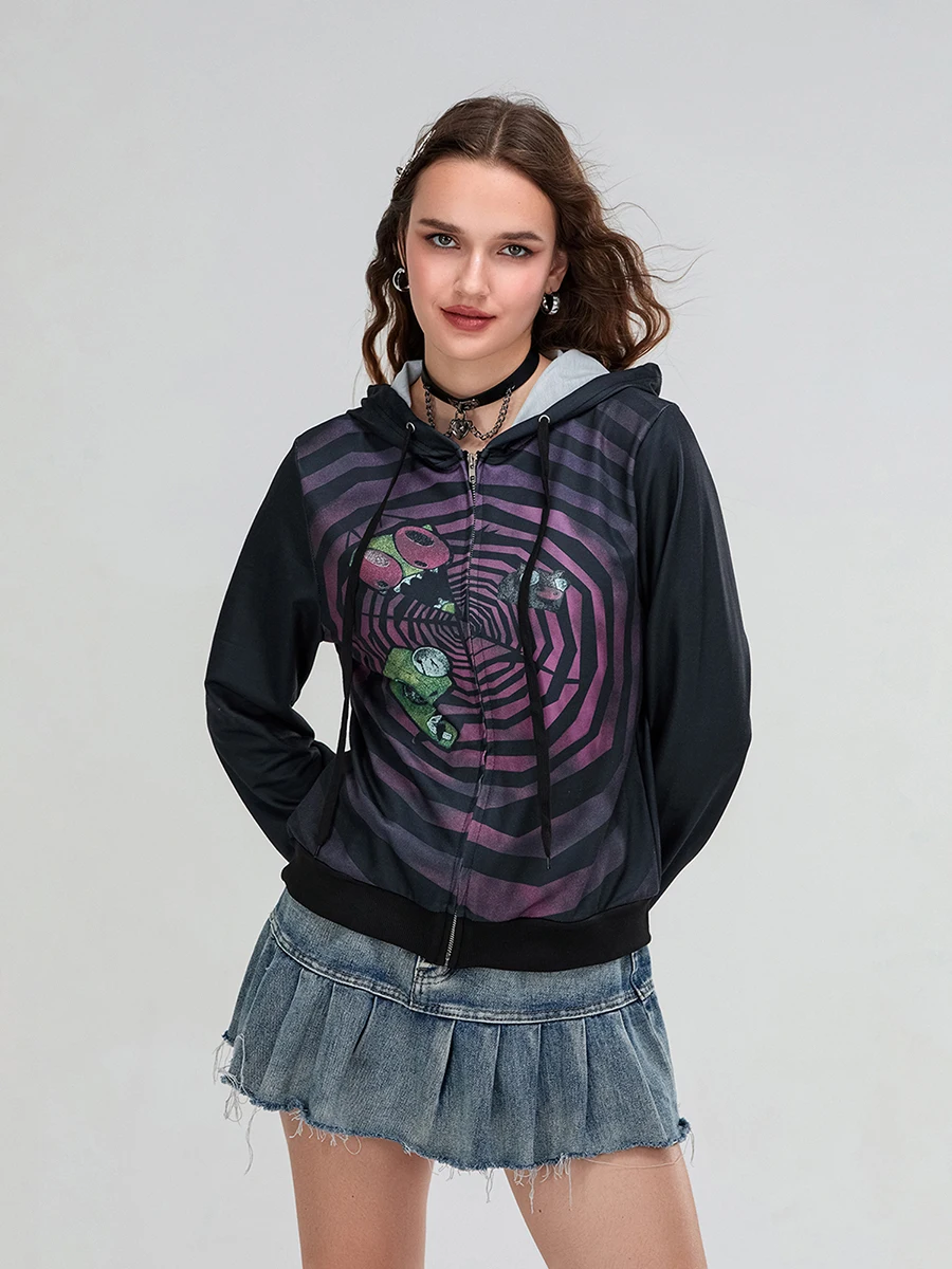 Sweat à capuche zippé de style gothique pour femme, imprimé toile d'araignée, sweat à capuche à manches longues, veste décontractée