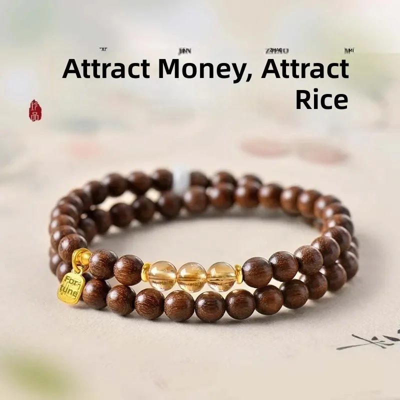 Natural Golden Silk Sandalwood Bracelet Men's Wooden Multi-Circle Wenwan Buddha Bead Crystal Transfer Bead Golden Silk South